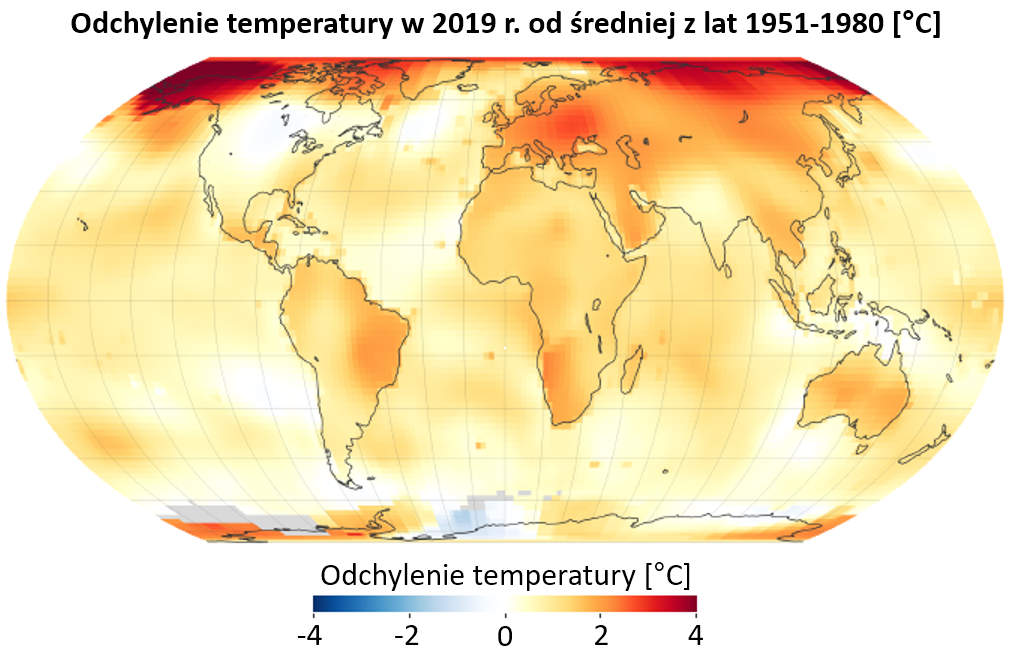 Klimat 2019: mapa anomalii temperatury w 2019. 