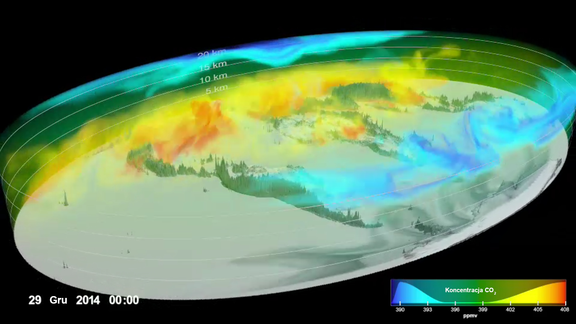 Grafika dekoracyjna: trójwymiarowa mapa koncentracji CO2 w atmosferze.