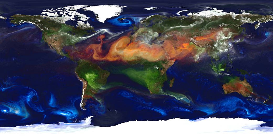 Mapa świata pokryta kolorwymi plamami i zawijasami pokazującymi, jak w atmsoferze rozprzestrzeniają się aerozole różnego typu. 