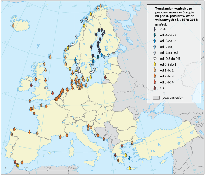 Mapa: trend zmian lokalnego poziomu morza w regionie Europy, na północnym wybrzeżu Bałtyku widoczne spadki, na południowym – wzrosty
