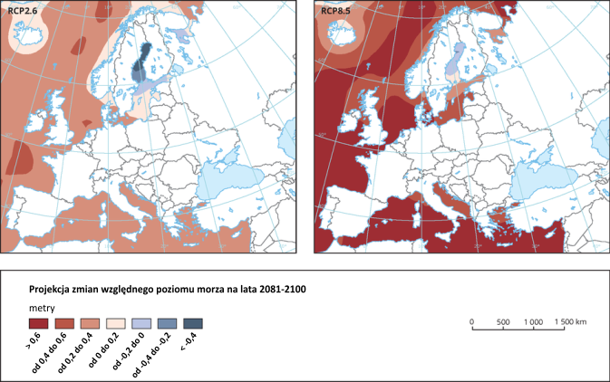 Mapy: Projekcje zmian względnego poziomu morza w Europie. W wariancie optymistycznym na wybrzeżu polskim wzrost wyniesie do 40cm, w pesymistycznym do 60cm.