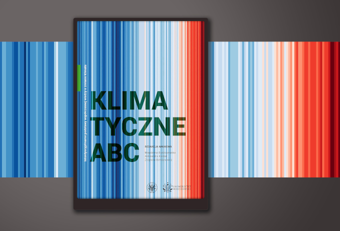 Okładka podręcznika "Klimatyczne ABC", wizualizacja zmian temperauty skłądająca się z pionowych pasków, od lewej do prawej paski przechodzą z kolorów niebieskich do czerwonych. 
