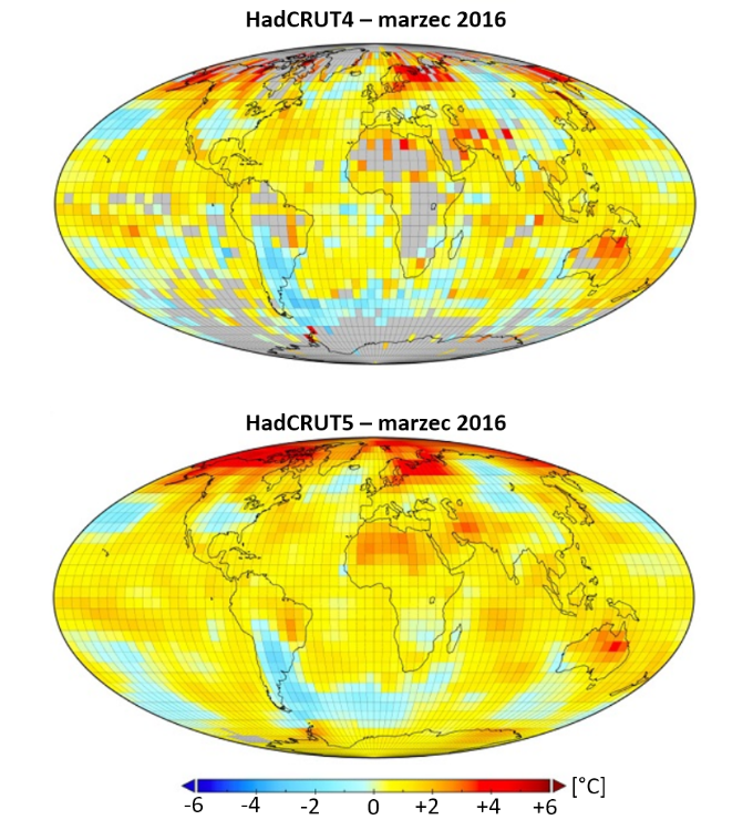 Mapy: odchylenie temperatury powierzchni Ziemi od średniej z lat 1961-1990 w marcu 2016 r w seriach HadCRUT4 i HadCRUT5. Na drugiej nie ma szarych pól oznaczających „brak danych”.
