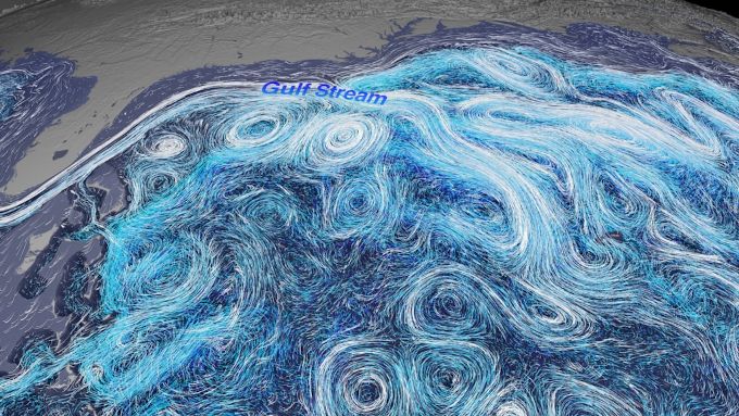 Prąd Zatokowy (Golfsztrom): wizualizacja danych w postaci mapy z zaznaczonymi kierunkami przepływu wody w północnej części Oceanu Atlantyckiego. Pośród licznych wirów wyróżnia się wyraźny strumień Prądu Zatokowego