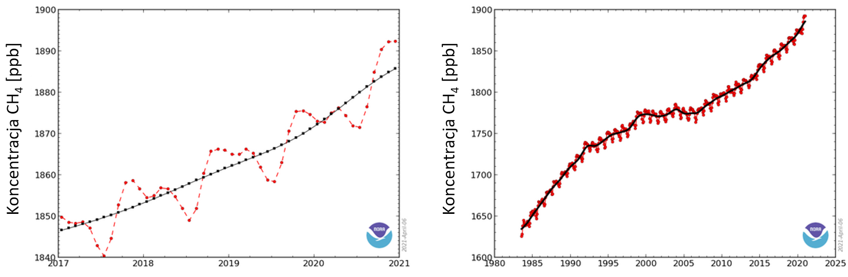 Wykresy: koncentracje metanu w ostatnich latach. Widać wieloletni wzrost (z zahamowaniem na przełomie wieków) i roczne oscylacje. 
