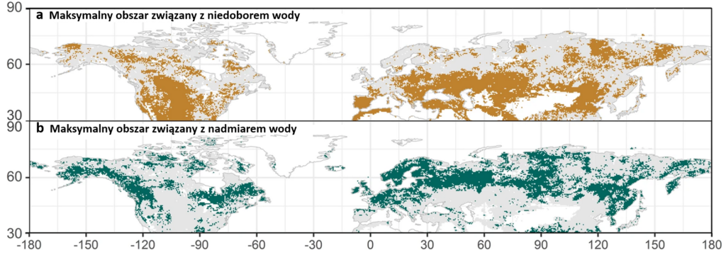 Globalne ocieplenie: mapy pokazujące rozkład obszarów występowania nadmiarów i niedoborów wody. 