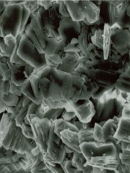 Zdjęcie mikroskopowe: przestrzeń porowa w piaskowcu wypełniona kryształami kaolinitu. Widać liczne nieuporządkowane kryształki o różnych kształtach i pustki między nimi.