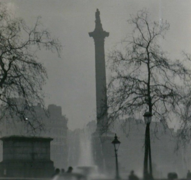 Zdjęcie: niewyraźna, czarno=biała fotografia pokazująca wysoką kolumnę, latarnie i drzewa spowite mgłą