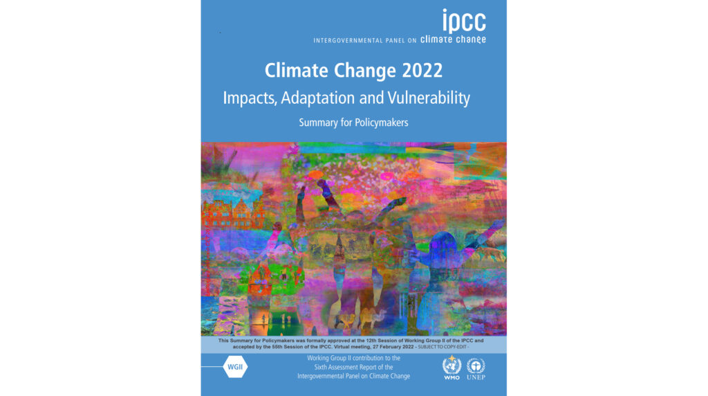 Okładka drugiej części Szóstego Raportu Podsumowującego Międzyrządowego Zespołu ds. Zmiany klimatu (IPCC AR6 WGII Climate Change 2022: Impacts, Adaptation and Vulnerability).  