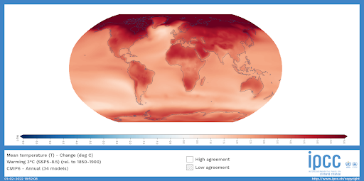 Mapa wzrostu temperatury na świecie przy wzroście średniej o 3°C. Najsilniejszy wzrost widoczny jest nad lądami oraz w okolicach bieguna północnego.