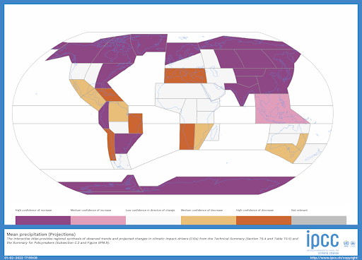 Wizualizacja z Interaktywnego atlasu IPCC, mapa świata z naniesionymi kolorowymi wielokątami