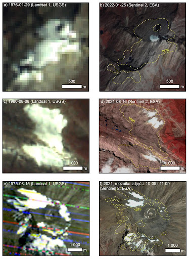 Zdjęcia satelitarne przedstawiają widok poszczególnych lodowców na przestrzeni lat. Widać, że w przeciągu lat ich objętość znacznie się zmniejszyła.