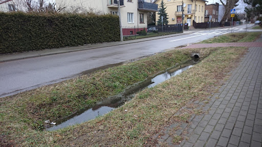 Woda w mieście.  Zdjęcie: ulicy, między jezdnią i chodnikiem rów wypełniony wodą.