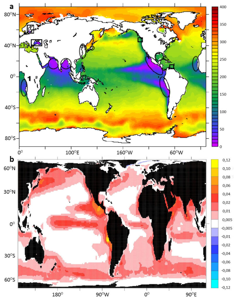Mapy pokazujące zawartość tlenu rozpuszczonego w wodach oceanicznych oraz wysokość emisji N2O z poszczególnych regionów Wszechoceanu.