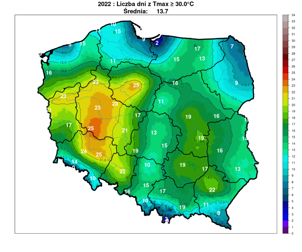 Lato 2022 w Polsce, mapa: liczba dni z temperaturą maksymalną wyższą lub równą 30 stopni. 