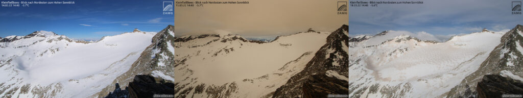 Lodowiec Kleinfleißkees  w marcu 2022. Zestaw zdjęć pokazujących lodowiec przed, w trakcie i po osiadaniu na nim saharyjskiego pyłu. 