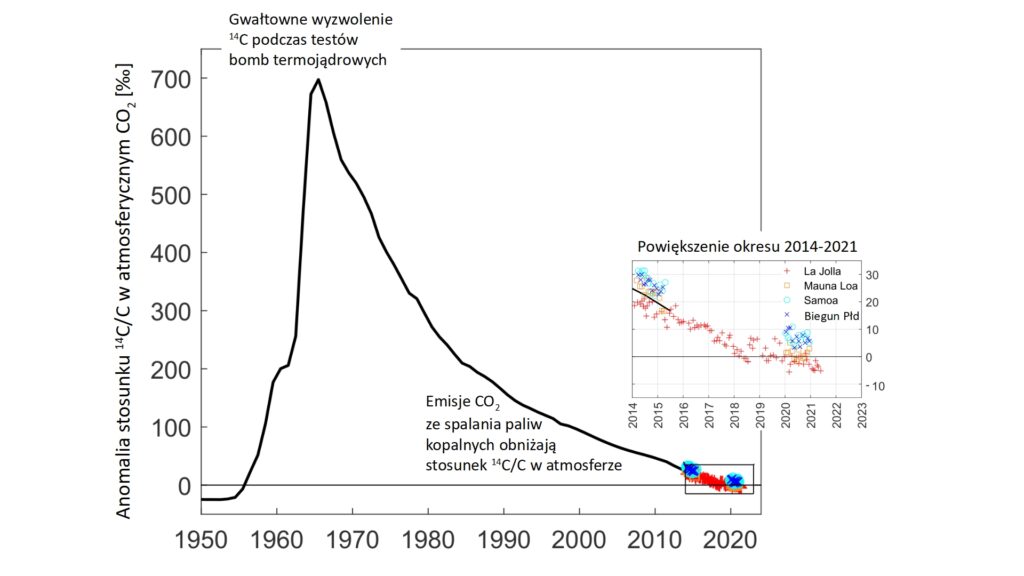 Datowanie radiowęglowe: wykres zmian względnej koncentracji izotopu 14C w atmosferycznym CO2 od połowy XX wieku.. Widać wyraźne maksimum w latach 60.