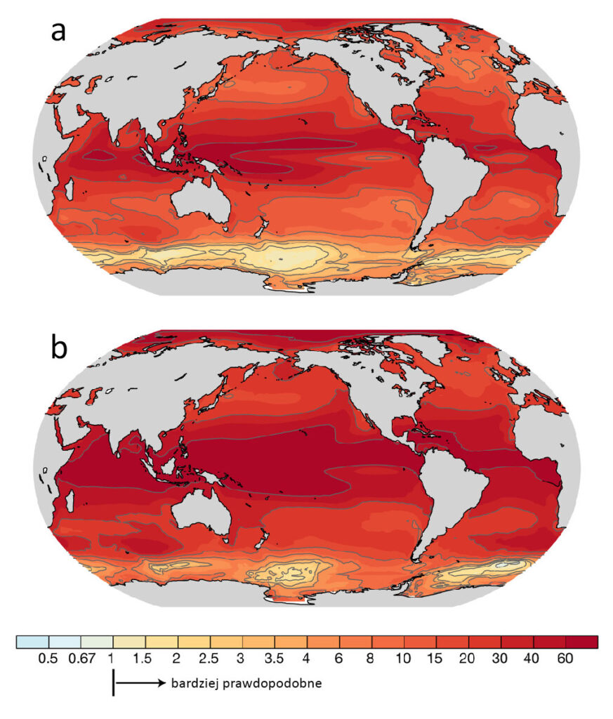 Mapy: morskie fale gorąca, zmiany w prawdopodobieństwie występowania. 