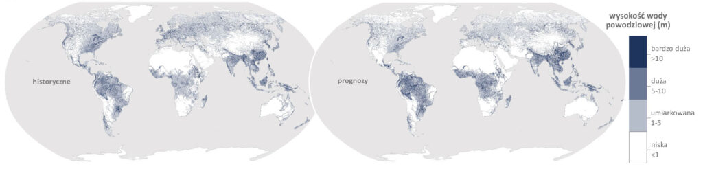 Mapy: ryzyko związane z głębokością wody podczas powodzi rzecznych historyczne i przewidywane w przyszłości.