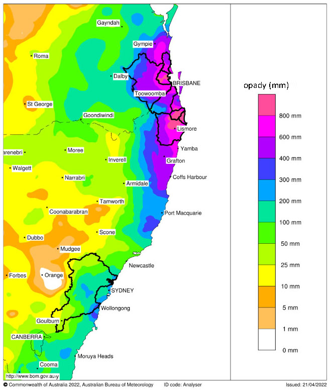 Mapa: opady tygodniowe na przełomie lutego i marca 2022 w Queensland i Nowej Południowej Walii. 
