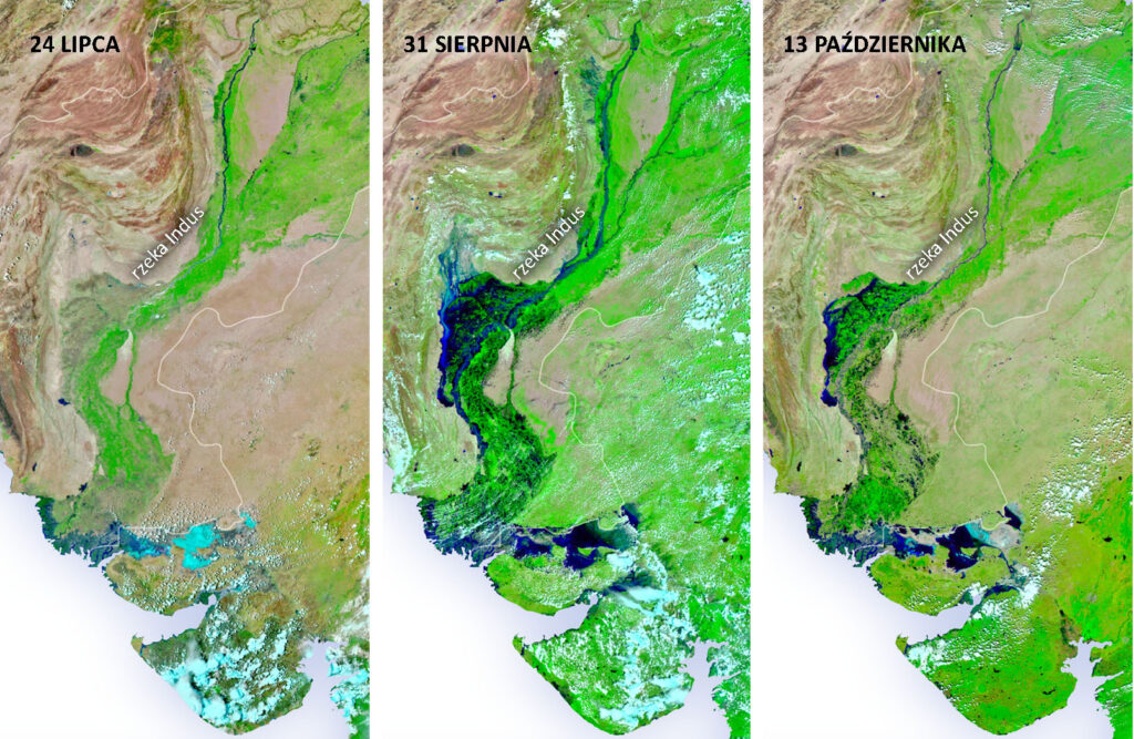 Powodzie 2022: zdjęcia satelitarne zalanego obszaru w Pakistanie, czerwie - październik.