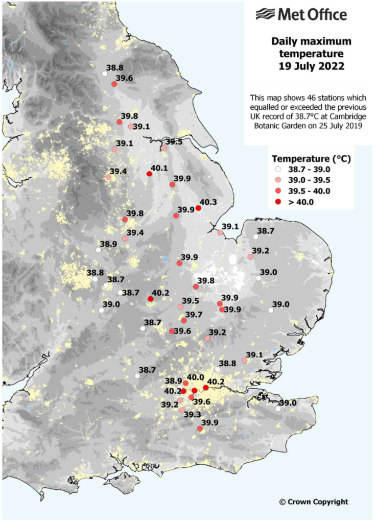 Fala upałów w Wielkiej Brytanii: mapa temperatur maksymalnych z 19 lipca 2022. 