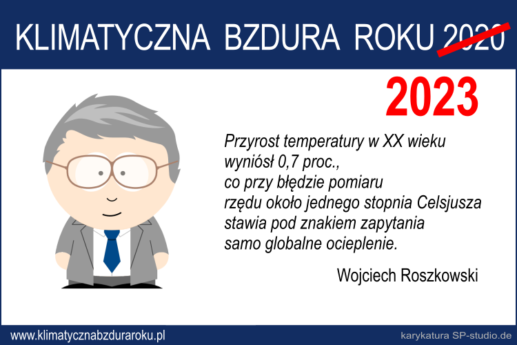 Grafika z karykaturą: profesor Wojciech Roszkowski jako kandydat w plebiscycie Klimatyczna bzdura roku 2020 a może i 2023?