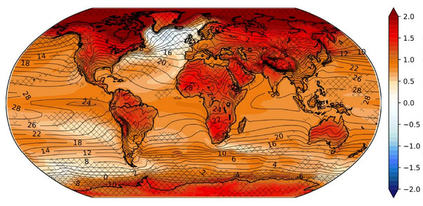 Mapa: średnie temperatury powierzchni i ich względna zmiana przy dużym spowolnieniu AMOC i czterokrotnym wzroście stężenia CO2.