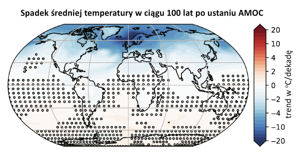 Mapa:  Zmiany średnich temperatur po ustaniu AMOC
