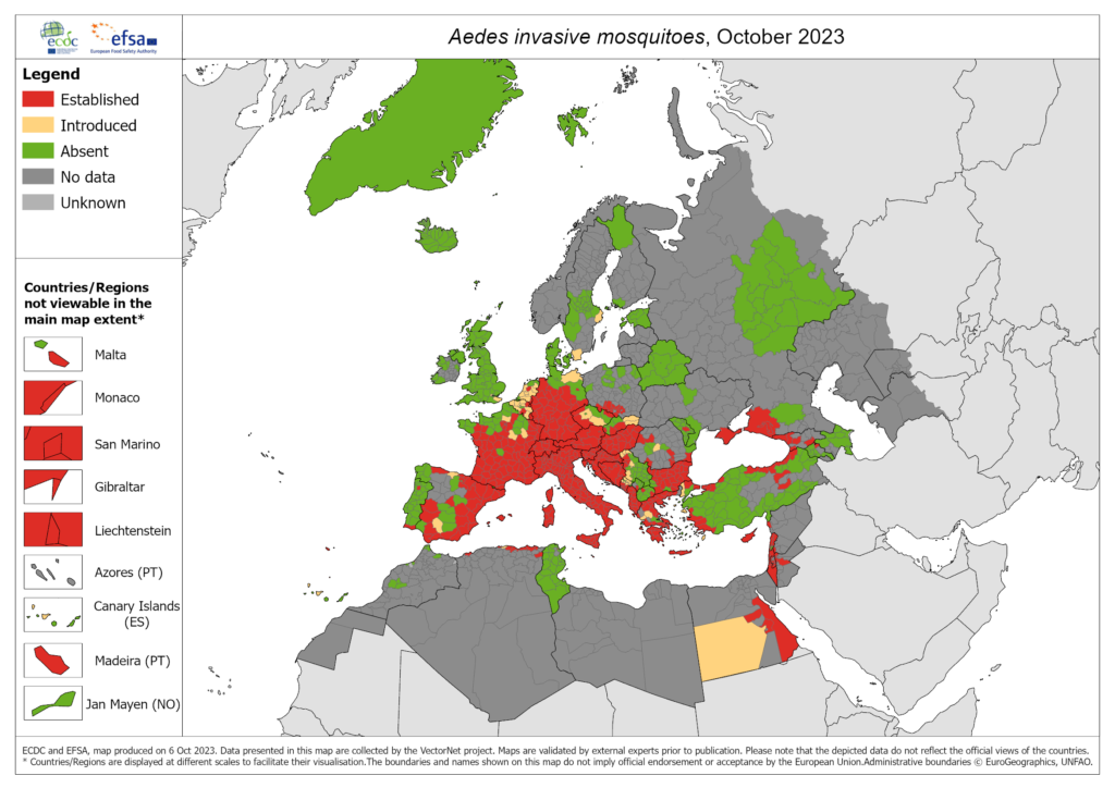 Mapa: występowanie inwazyjnych gatunków komarów w Europie.