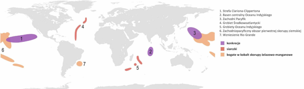 Mapa - regiony na dnie oceanicznym, gdzie zostały przyznane przez ISA koncesje na poszukiwanie złóż.