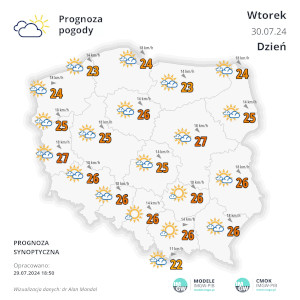 Synoptyczna mapa pogody z liczbami oznaczającymi temperaturę i symbolami zjawisk meteo na jasnym podłożu. 