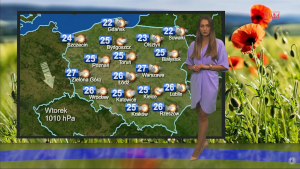 Synoptyczna mapa pogody z liczbami oznaczającymi temperaturę i symbolami zjawisk meteo na zielonym tle pokazującym topografię terenu. 