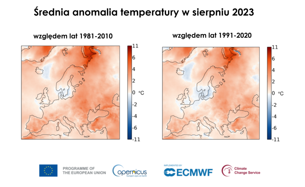 Zestawienie map anomalii temperatury w sierpniu 2023 przy użyciu różnych okresów referencyjnych. 