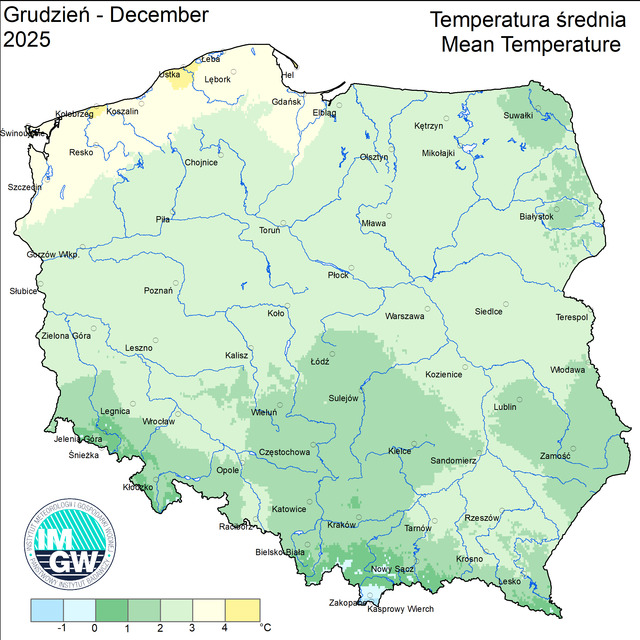 Mapa średniej temperatury w grudniu 2025, IMGW-PIB