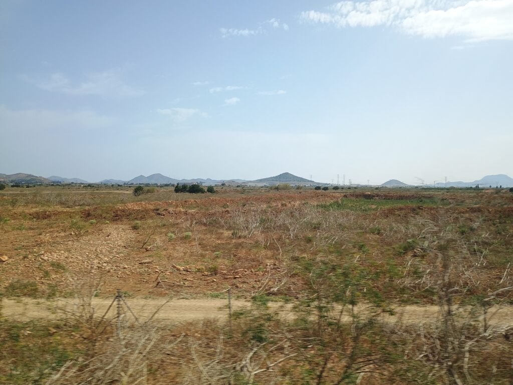 Zdjęcie: wyschnięty krajobraz z rachitycznymi krzaczkami. Murcja, Hiszpania.