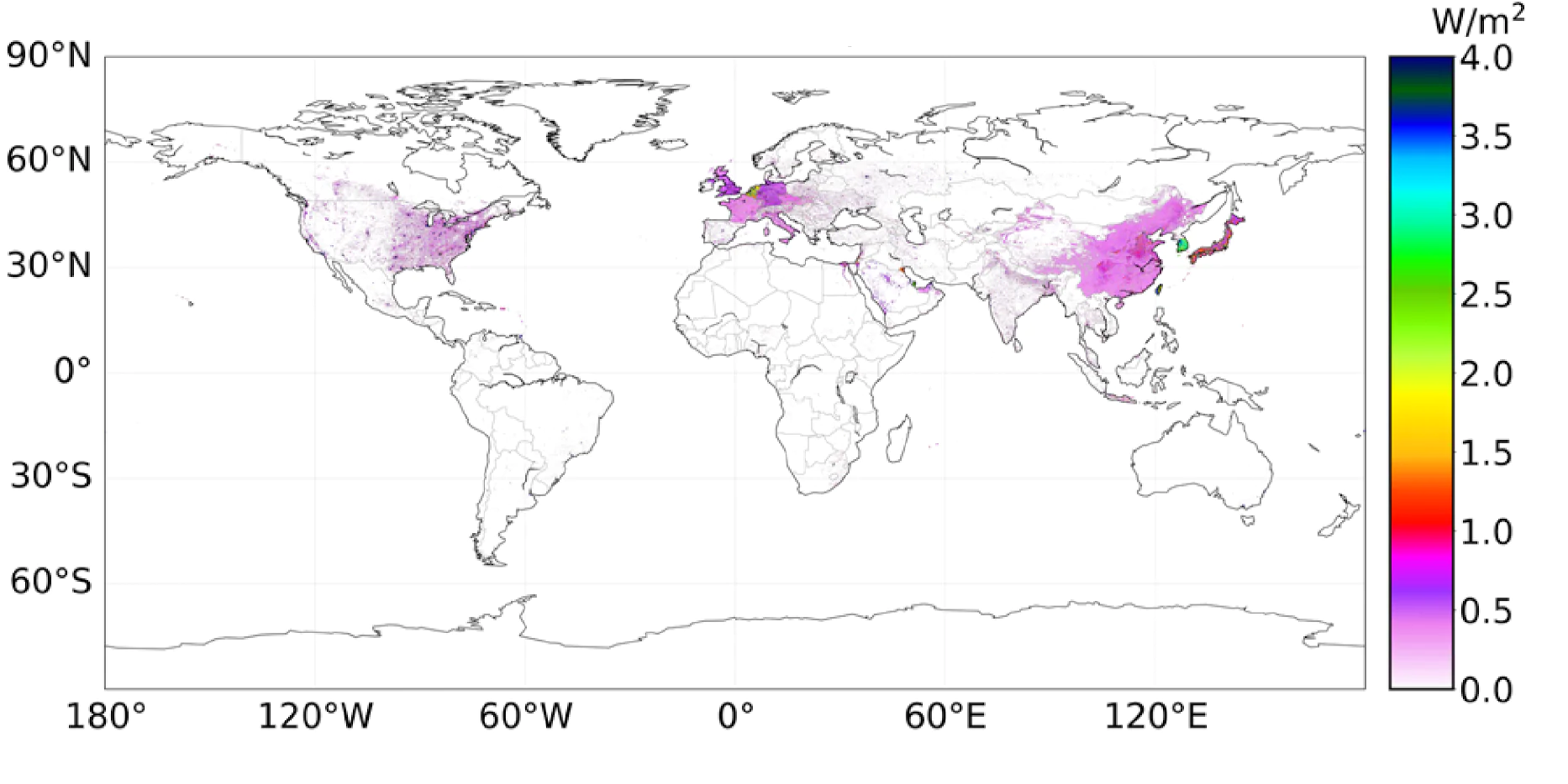 Ciepło antropogeniczne: mapa strumienia ciepła antropogenicznego na świecie.