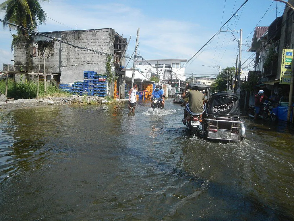 Zdjęcie: Skutki burzy tropikalnej Goni na Filipinach. Widać zalaną ulicę.]