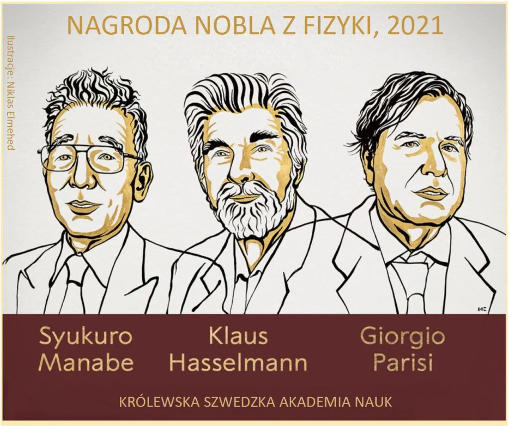 Nobel z fizyki 2021: rysunkowy portret laureatów nagrody Nobla. Od lewej: Syukuro Manabe, Klaus Hasselmann, Giorgio Parisi.
