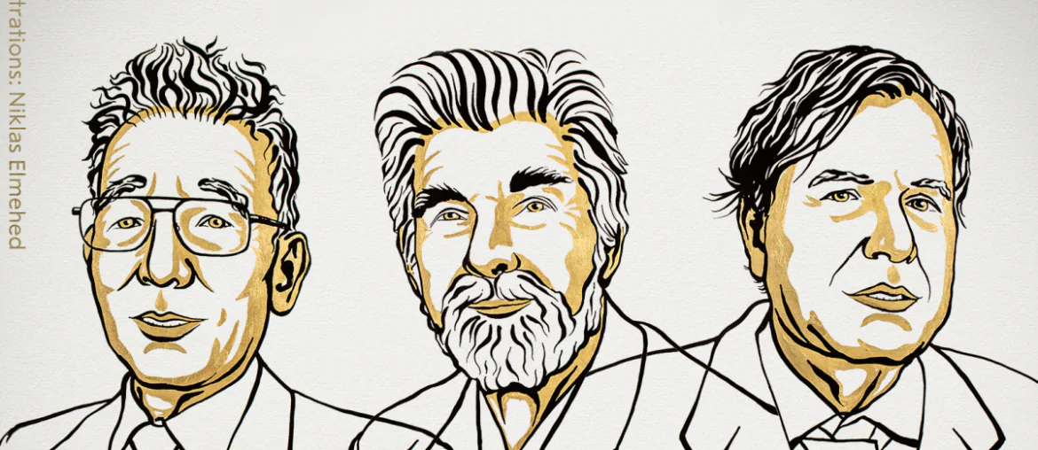 Rysunkowy portret laureatów Nagrody Nobla z fizyki - Manabe, Hasselmanna i Parisiego.