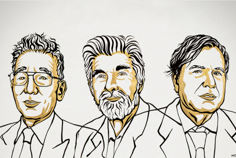 Rysunkowy portret laureatów Nagrody Nobla z fizyki - Manabe, Hasselmanna i Parisiego.