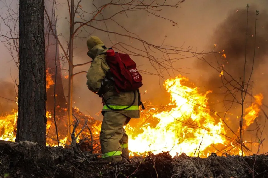 Strażak gaszący pożar w Syberii.