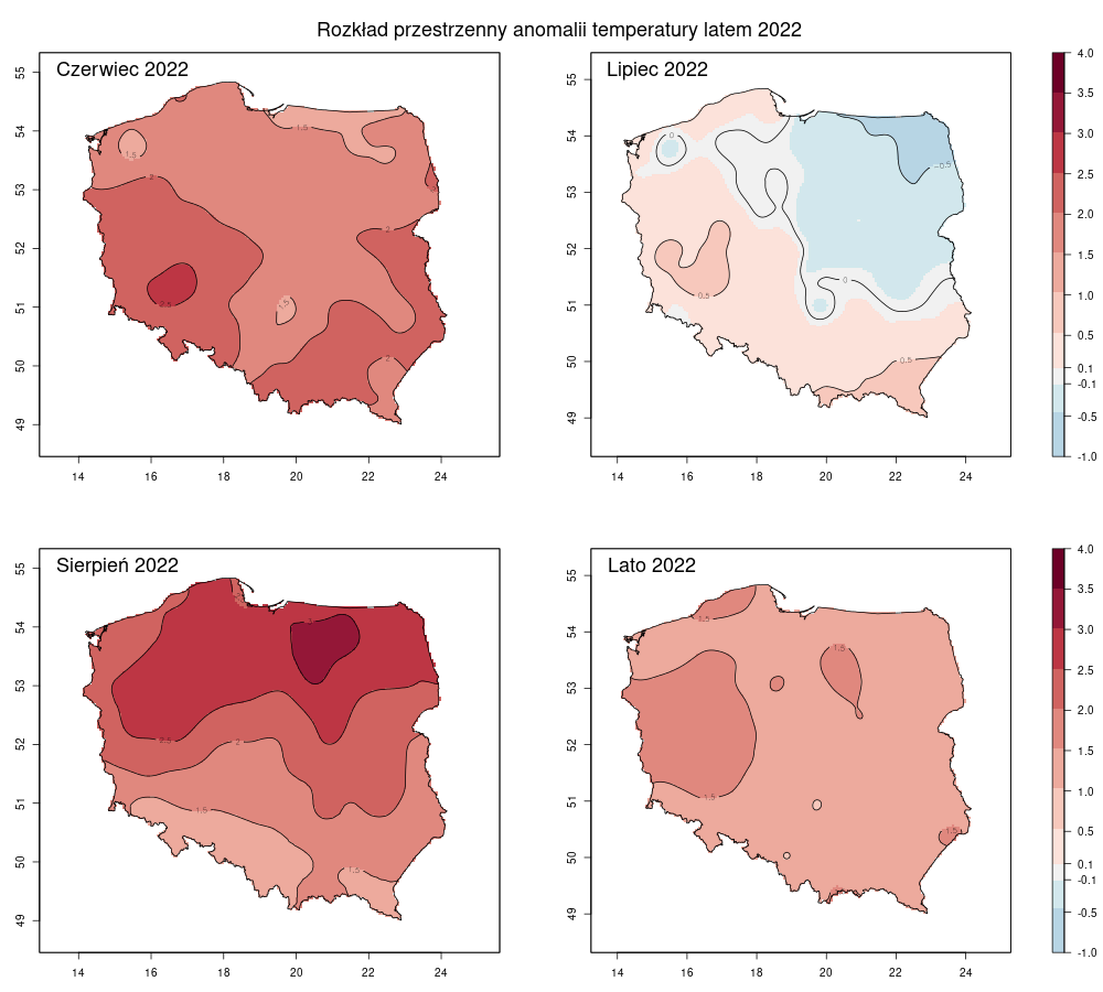 Lato 2022 w Polsce: zestaw map pokazujących anomalie temperatury w miesiącach letnich na terenie Polski, względem okresu 1991-2020. W większości przypadków anomalie były dodatnie, tylko w lipcu w północno-wschodniej części Polski i na Pomorzu odnotowano anomalie ujemne.