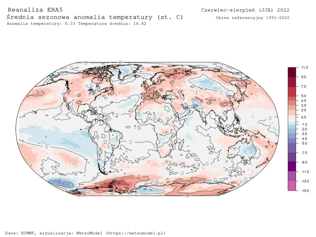 Lato 2022: mapa anomalii temperatury latem 2022 na świecie. 