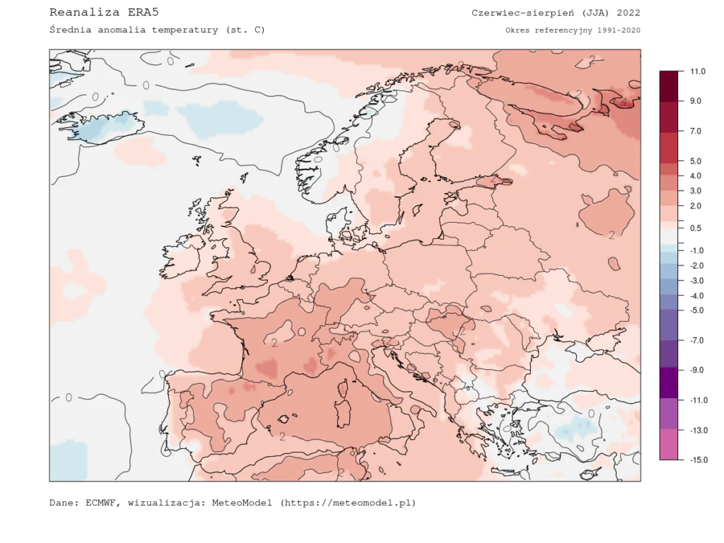 Lato 2022 w Europie: mapa anomalii temperatury. 