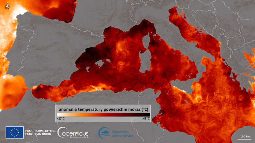 Morskie fale upałów: mapa pokazując temperaturę powierzchni Morza Śródziemnego 19 lipca 2022