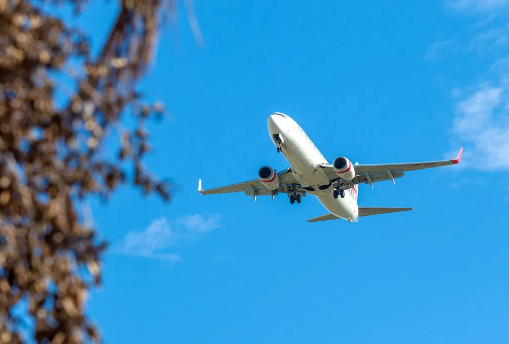 Zdjęcie: samolot pasażerski w powietrzu.