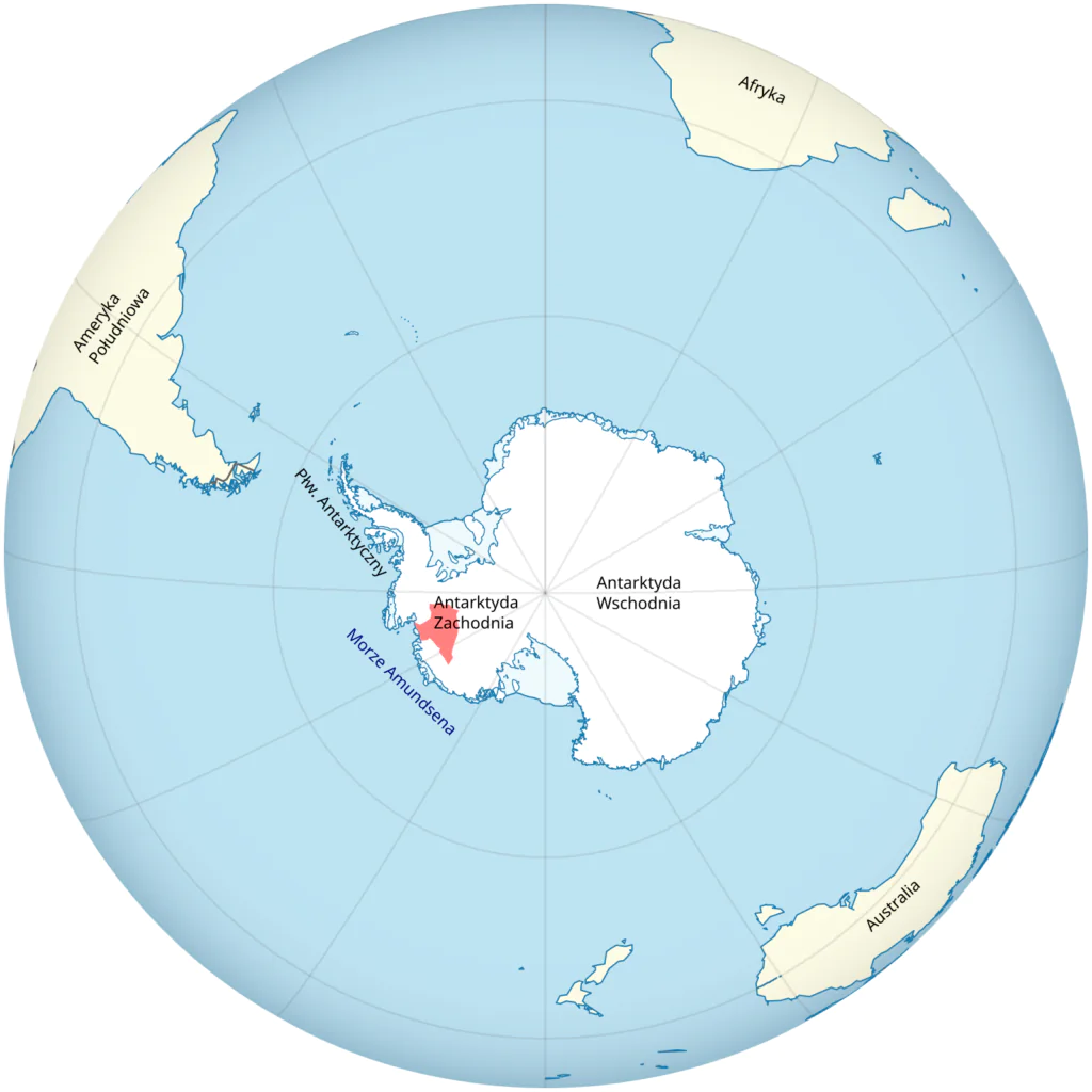 Mapa: kula ziemska widziana od strony bieguna południowego, Antarktyda.