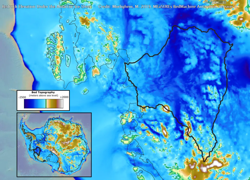 Mapa: Ukształtowanie podłoża Antarktydy i - w powiększeniu - lodowca Thwaites.