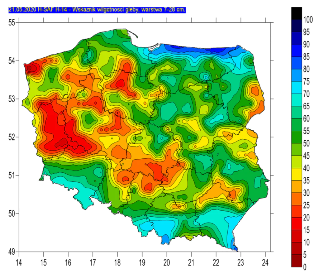 Mapa: wilgotność gleby w Polsce, 21 maja 2020.